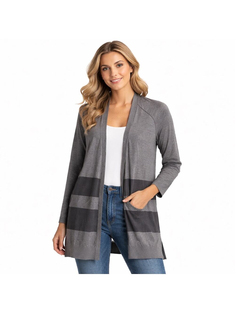 EUC Pointelle Gray & Charcoal Open Front Draped Cardigan Medium